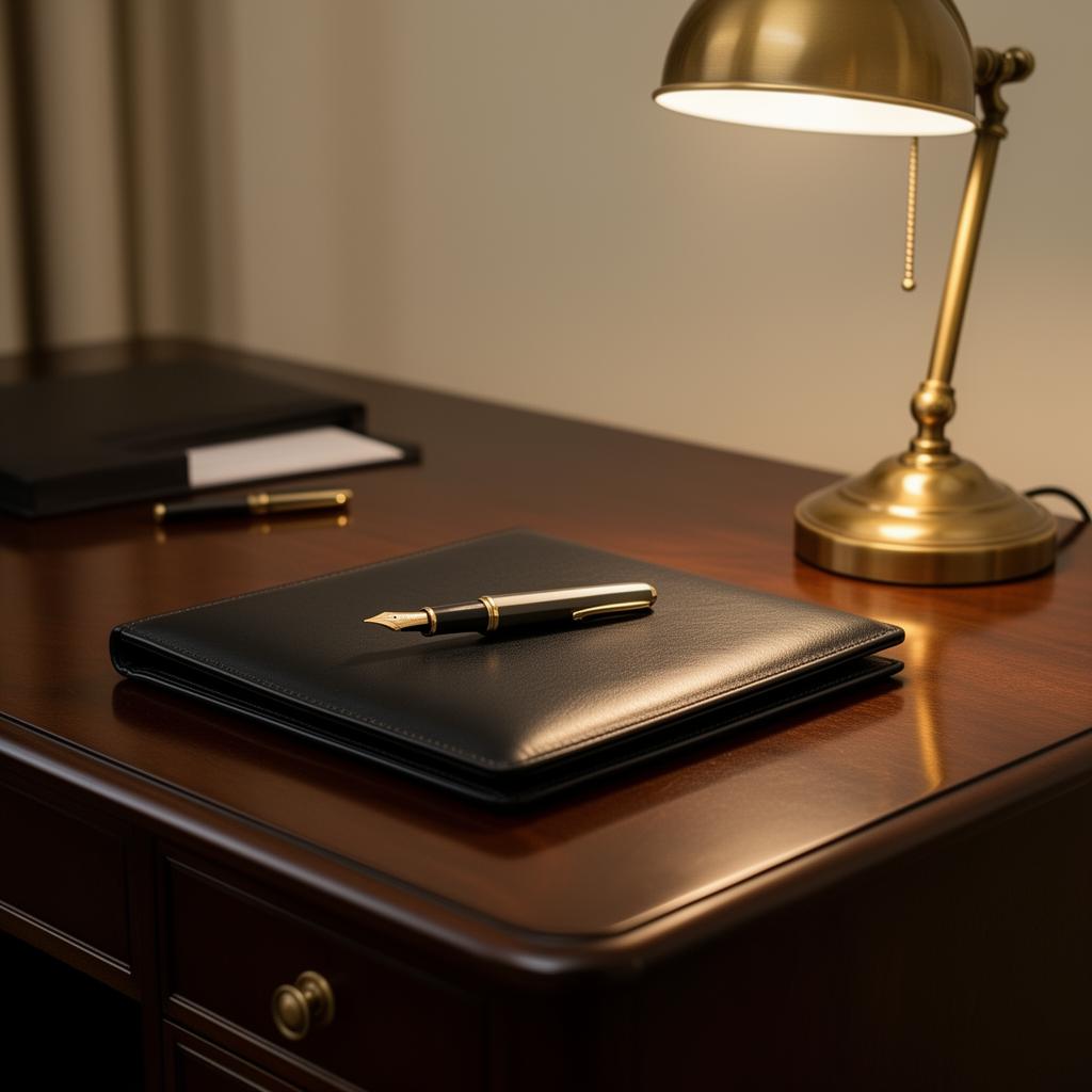 A private advisor's desk with fountain pen, leather portfolio and brass lamp